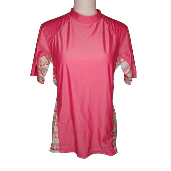 UV Skinz UPF 50+ Quick Dry Swim Top Shirt Pink Pattern Shirt Sleeve Rashguard L - Picture 1 of 7